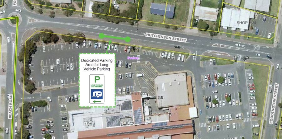 Map of location of the proposed long vehicle parking located on Hutchinson Street, adjacent from the Goolwa Shopping Centre