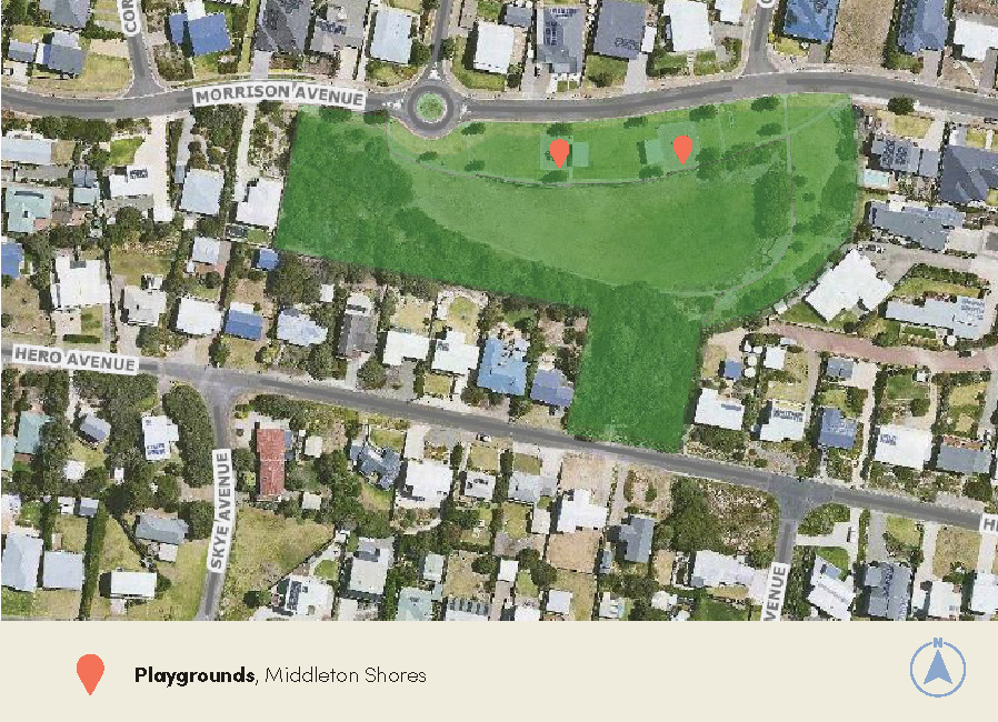 Aerial map showing the location of the two playgrounds located in Middleton Shores Reserve on Morrison Ave