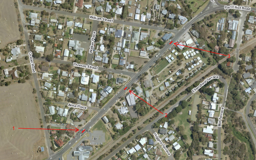 Aerial map indicating locations of Middleton pedestrian crossings.
